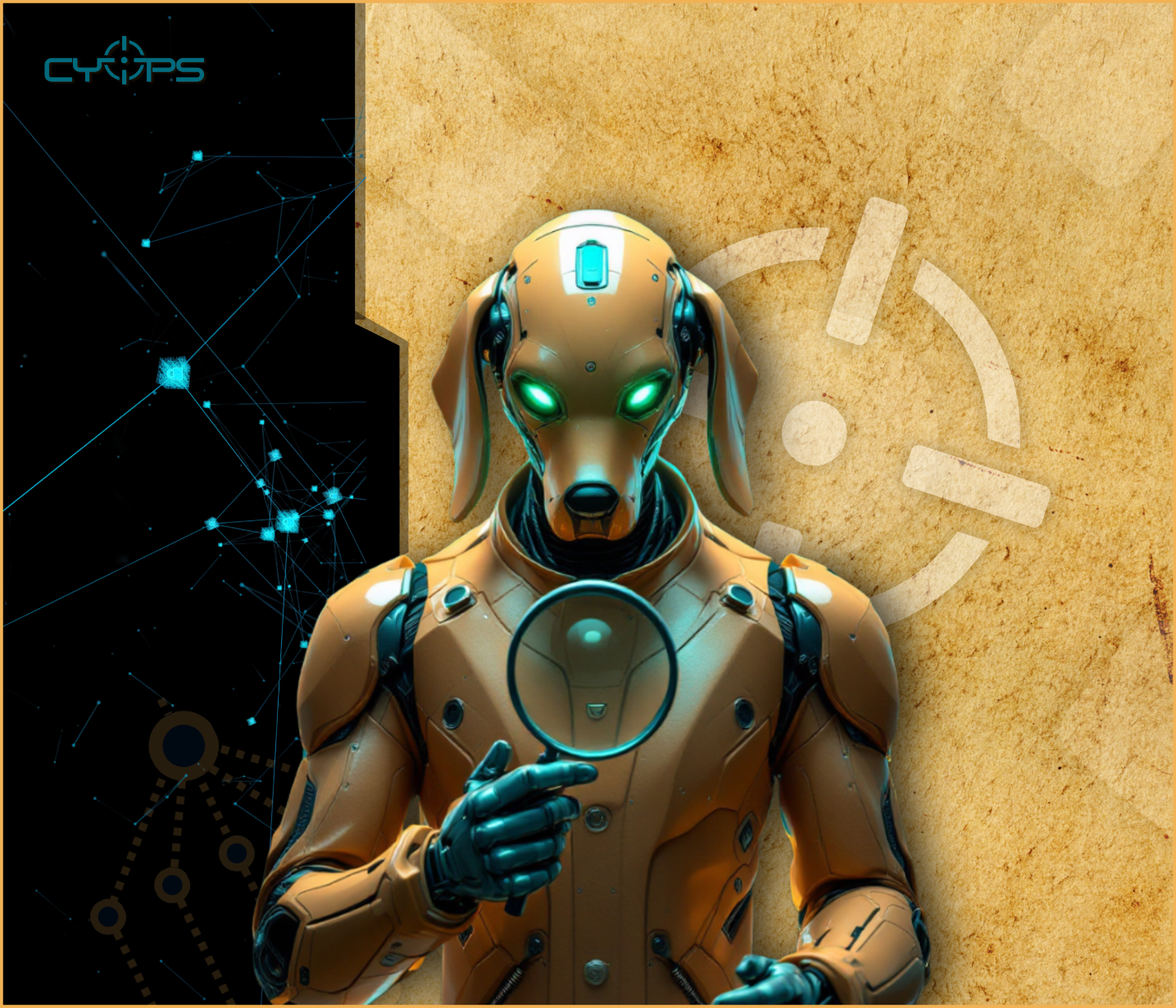 A gold coloured robot dog looking through a magnifying glass