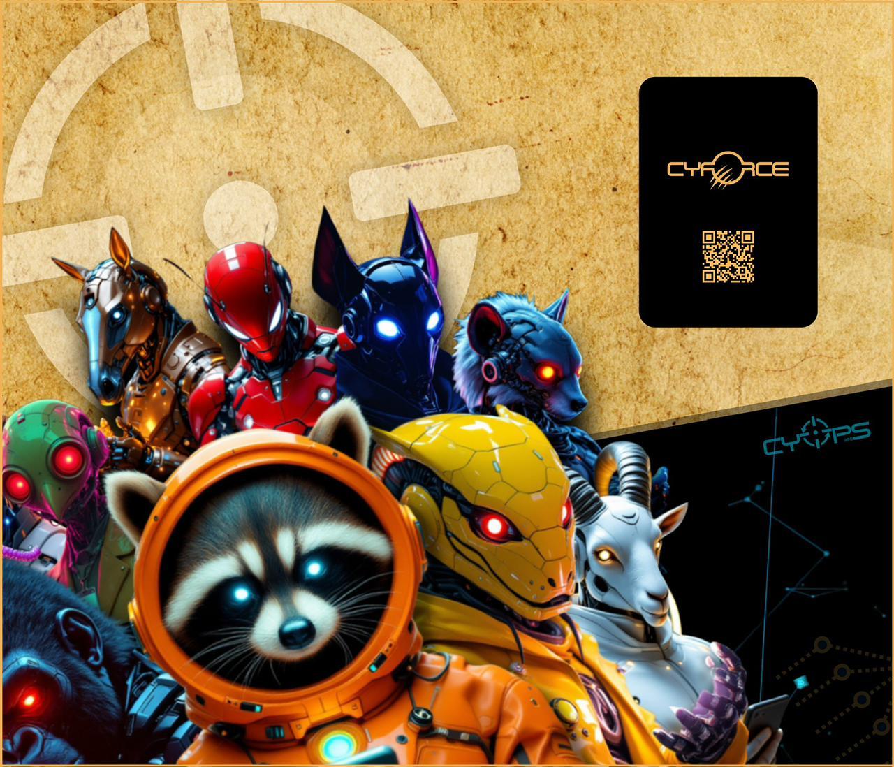 A gold coloured robot dog looking through a magnifying glass